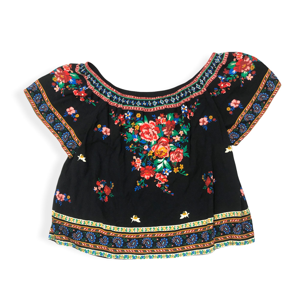 Flying Tomato Floral Off the Shoulder Top Medium Black Floral Print Shirt - Picture 3 of 14